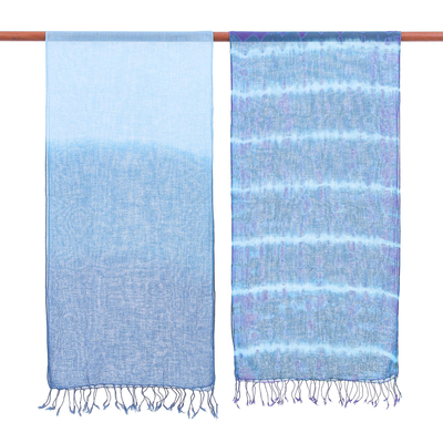 Cotton scarves, 'Sea of Love' (pair) - Pair of Cotton Scarves in Shades of Blue