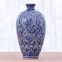 Ceramic vase, 'Blue Flora' - Artisan Made Blue Ceramic Vase