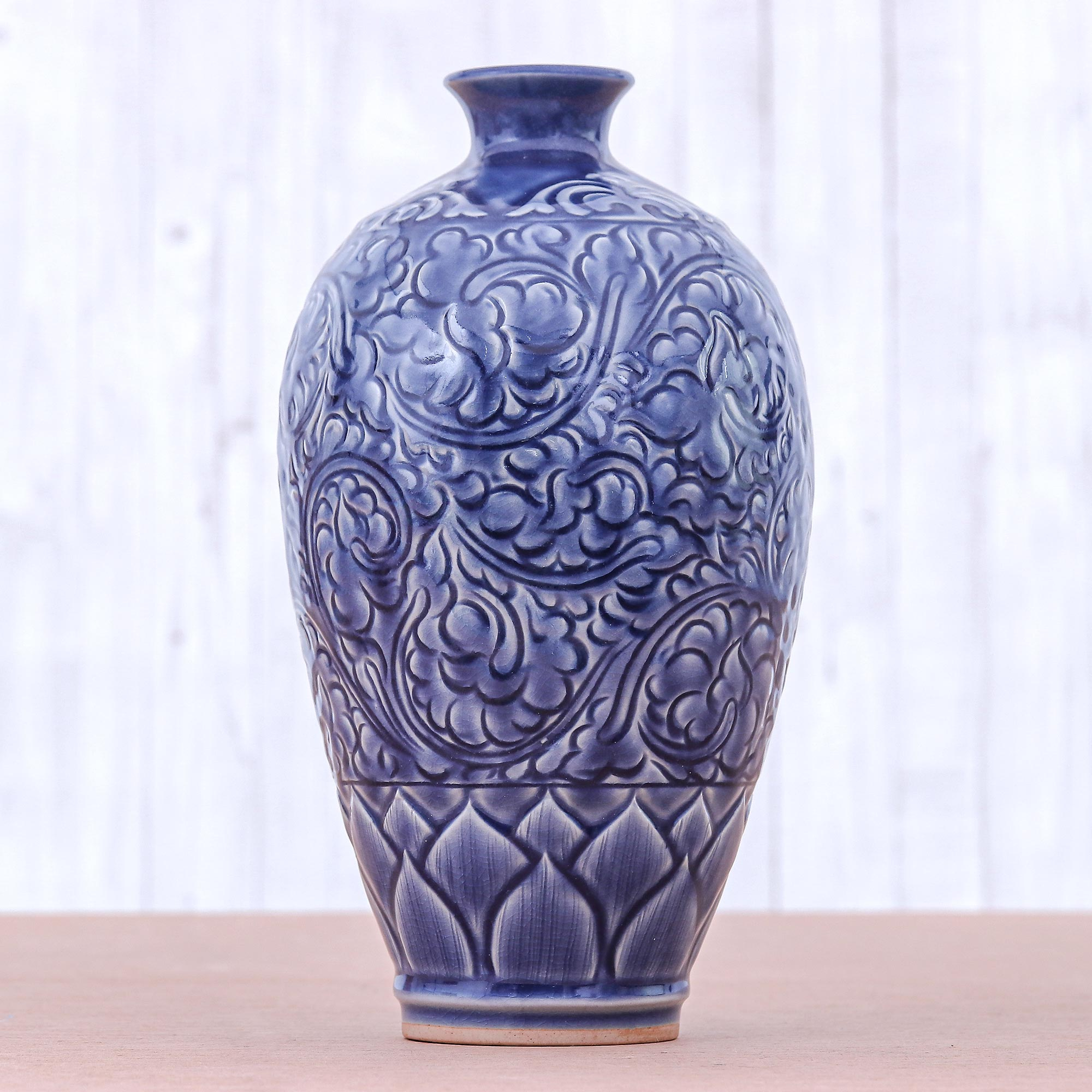 Artisan Made Blue Ceramic Vase, 'Blue Flora'