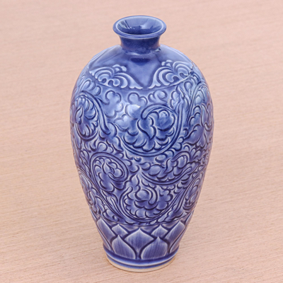 Jarrón de ceramica - Jarrón de cerámica azul hecho artesanalmente