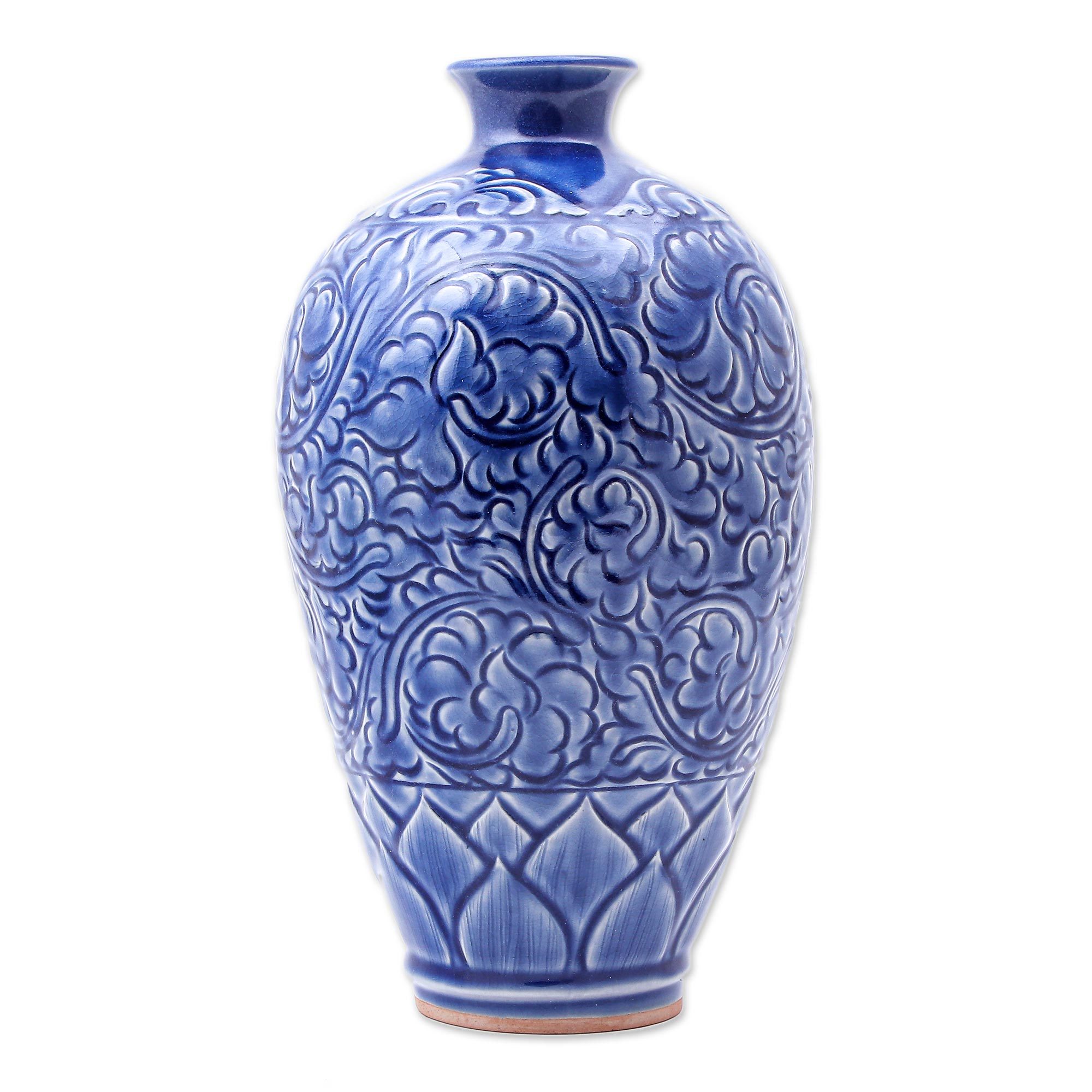 Artisan Made Blue Ceramic Vase Blue Flora NOVICA