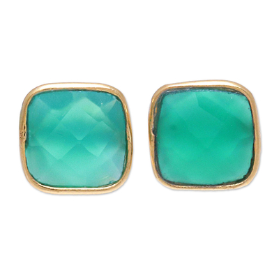 Gold plated onyx button earrings, 'Green Sea' - Hand Made Gold Plated Sterling Silver Onyx Button Earrings