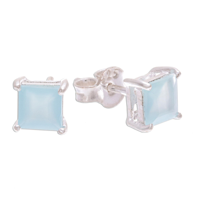 Chalcedony stud earrings, 'Good Luck Charm in Blue' - Thai Hand Made Sterling Silver Chalcedony Stud Earrings