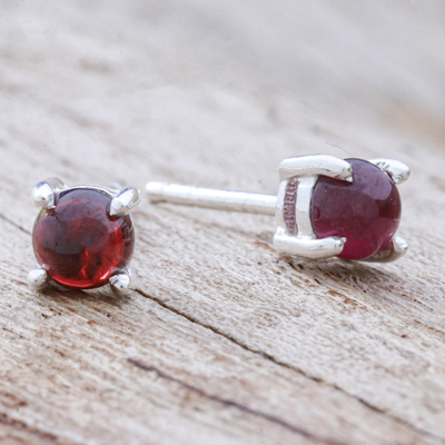 Garnet stud earrings, 'Circle Moon in Crimson' - Thai Hand Made Sterling Silver Garnet Button Earrings