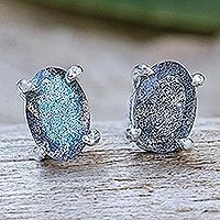 Labradorite stud earrings, 'Oblong Moon' - Thai Hand Made Sterling Silver Labradorite Stud Earrings