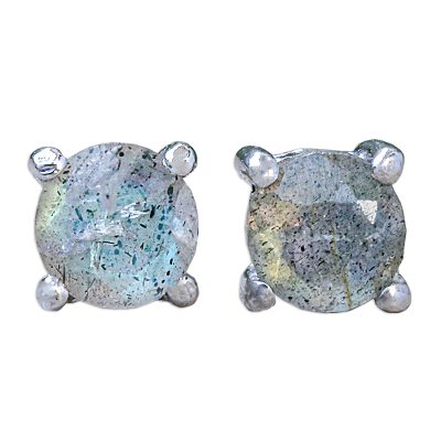 Labradorite stud earrings, 'Circle Moon' - Thai Hand Made Sterling Silver Labradorite Stud Earrings