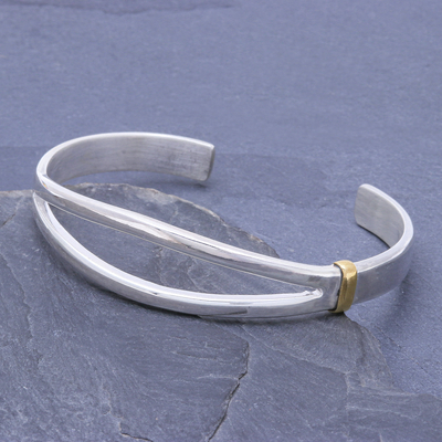 Sterling silver cuff bracelet, 'Two Roads Diverge' - High-Polish Sterling Silver Cuff Bracelet with Brass Accent