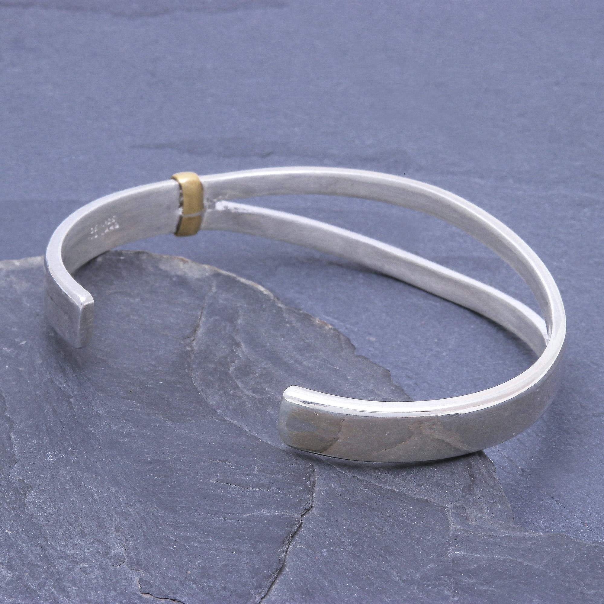 HighPolish Sterling Silver Cuff Bracelet with Brass Accent Two Roads