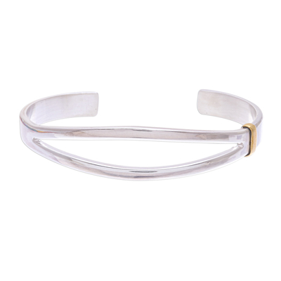 Sterling silver cuff bracelet, 'Two Roads Diverge' - High-Polish Sterling Silver Cuff Bracelet with Brass Accent