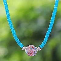 Agate pendant necklace, 'Earth and Water' - Reconstituted Turquoise Bead and Agate Pendant Necklace