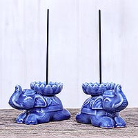 Porta incienso de cerámica Celadon, 'Polite Elephants in Blue' (par) - Porta incienso de elefante azul de Tailandia (par)