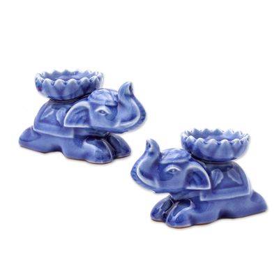 Blue Elephant Incense Holders from Thailand (Pair)
