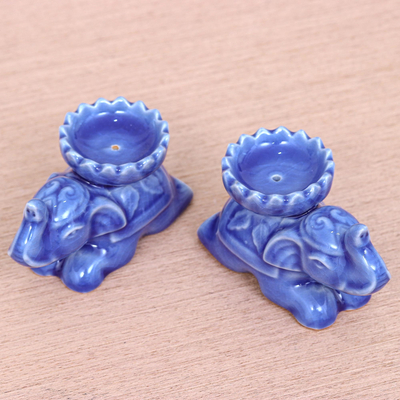 Porta incienso de cerámica Celadon, (par) - Porta-Incienso Elefante Azul de Tailandia (Par)