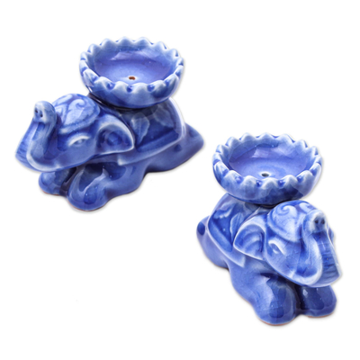 Celadon ceramic incense holders, 'Polite Elephants in Blue' (pair) - Blue Elephant Incense Holders from Thailand (Pair)