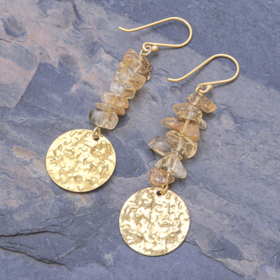 Citrine dangle earrings, 'Golden Coin in Yellow' - Citrine and Brass Coin Dangle Earrings