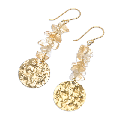 Citrine dangle earrings, 'Golden Coin in Yellow' - Citrine and Brass Coin Dangle Earrings