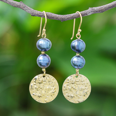 Cultured pearl dangle earrings, 'Golden Coin in Black' - Cultured Black Pearl and Brass Coin Dangle Earrings