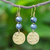 Cultured pearl dangle earrings, 'Golden Coin in Black' - Cultured Black Pearl and Brass Coin Dangle Earrings thumbail