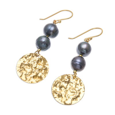Cultured pearl dangle earrings, 'Golden Coin in Black' - Cultured Black Pearl and Brass Coin Dangle Earrings