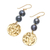 Cultured pearl dangle earrings, 'Golden Coin in Black' - Cultured Black Pearl and Brass Coin Dangle Earrings (image 2c) thumbail