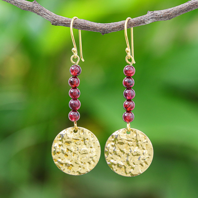 Garnet dangle earrings, 'Golden Coin in Red' - Natural Garnet Bead and Brass Coin Dangle Earrings