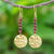 Garnet dangle earrings, 'Golden Coin in Red' - Natural Garnet Bead and Brass Coin Dangle Earrings (image 2) thumbail