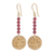 Garnet dangle earrings, 'Golden Coin in Red' - Natural Garnet Bead and Brass Coin Dangle Earrings thumbail