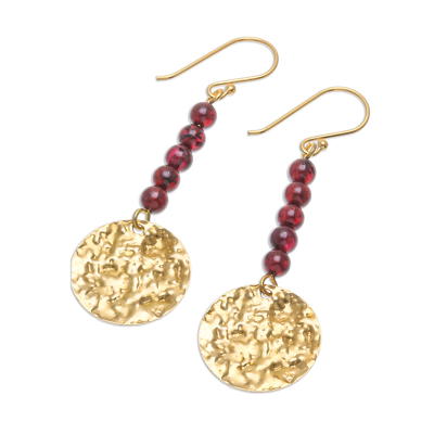 Garnet dangle earrings, 'Golden Coin in Red' - Natural Garnet Bead and Brass Coin Dangle Earrings