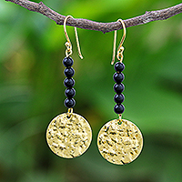 Onyx dangle earrings, 'Golden Coin in Midnight' - Black Onyx Bead and Brass Coin Dangle Earrings