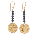 Onyx dangle earrings, 'Golden Coin in Midnight' - Black Onyx Bead and Brass Coin Dangle Earrings