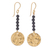 Onyx dangle earrings, 'Golden Coin in Midnight' - Black Onyx Bead and Brass Coin Dangle Earrings thumbail