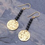 Onyx dangle earrings, 'Golden Coin in Midnight' - Black Onyx Bead and Brass Coin Dangle Earrings