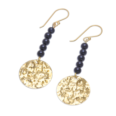Onyx dangle earrings, 'Golden Coin in Midnight' - Black Onyx Bead and Brass Coin Dangle Earrings