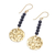 Onyx dangle earrings, 'Golden Coin in Midnight' - Black Onyx Bead and Brass Coin Dangle Earrings (image 2c) thumbail