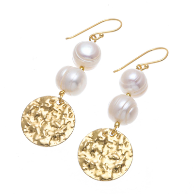 Cultured pearl dangle earrings, 'Golden Coin in White' - Cultured Pearl and Brass Coin Dangle Earrings