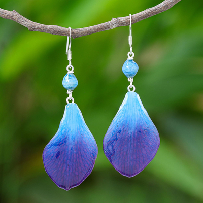 Orchid petal dangle earrings, 'Forever Orchid in Blue' - Blue Orchid Petal Earrings from Thailand