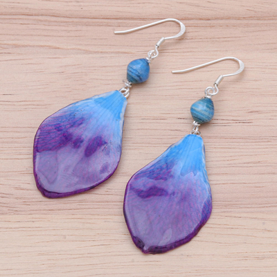 Orchid petal dangle earrings, 'Forever Orchid in Blue' - Blue Orchid Petal Earrings from Thailand