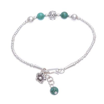 Sterling silver beaded bracelet, 'Flora Bead in Turquoise' - Sterling Silver Reconstituted Turquoise Beaded Bracelet