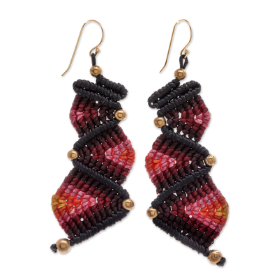 Zigzag Pattern Hand-Knotted Macrame Dangle Earrings in Pink