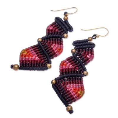 Macrame dangle earrings, 'Zigzag Dream in Pink' - Zigzag Pattern Hand-Knotted Macrame Dangle Earrings in Pink