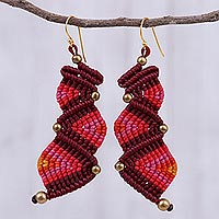 Macrame dangle earrings, 'Zigzag Dream in Red' - Zigzag Pattern Macrame Dangle Earrings in Red