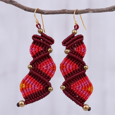Macrame dangle earrings, Zigzag Dream in Red