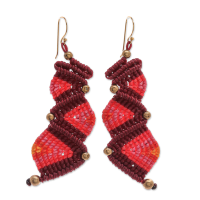 Zigzag Pattern Macrame Dangle Earrings in Red