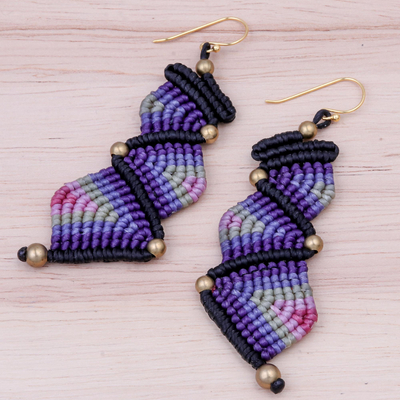 Macrame dangle earrings, 'Zigzag Dream in Purple' - Zigzag Pattern Macrame Dangle Earrings in Purple