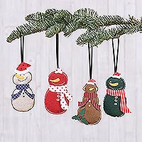 Cotton ornaments, 'Snowmen' (set of 4) - Snowman Ornaments Handmade in Thailand (Set of 4)