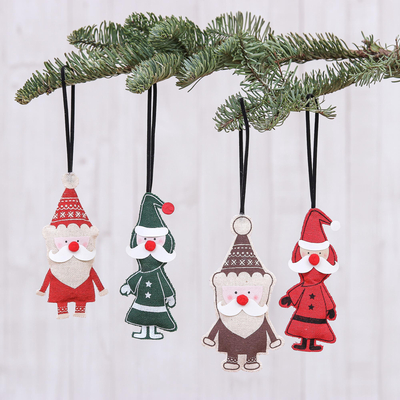 Cotton ornament set, 'Santa Claus is Coming' (set of 4) - Cotton and Paper Santa Ornaments (Set of 4)