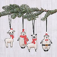 Cotton ornaments, 'Alpacas and Bears' (set of 4) - Unique Holiday Ornaments of Alpacas and Bears (Set of 4)