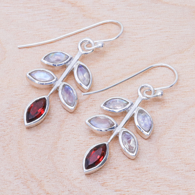Rainbow moonstone and garnet dangle earrings, 'Tender Leaves of Winter' - Garnet Citrine Amethyst Leaf Dangle Earrings