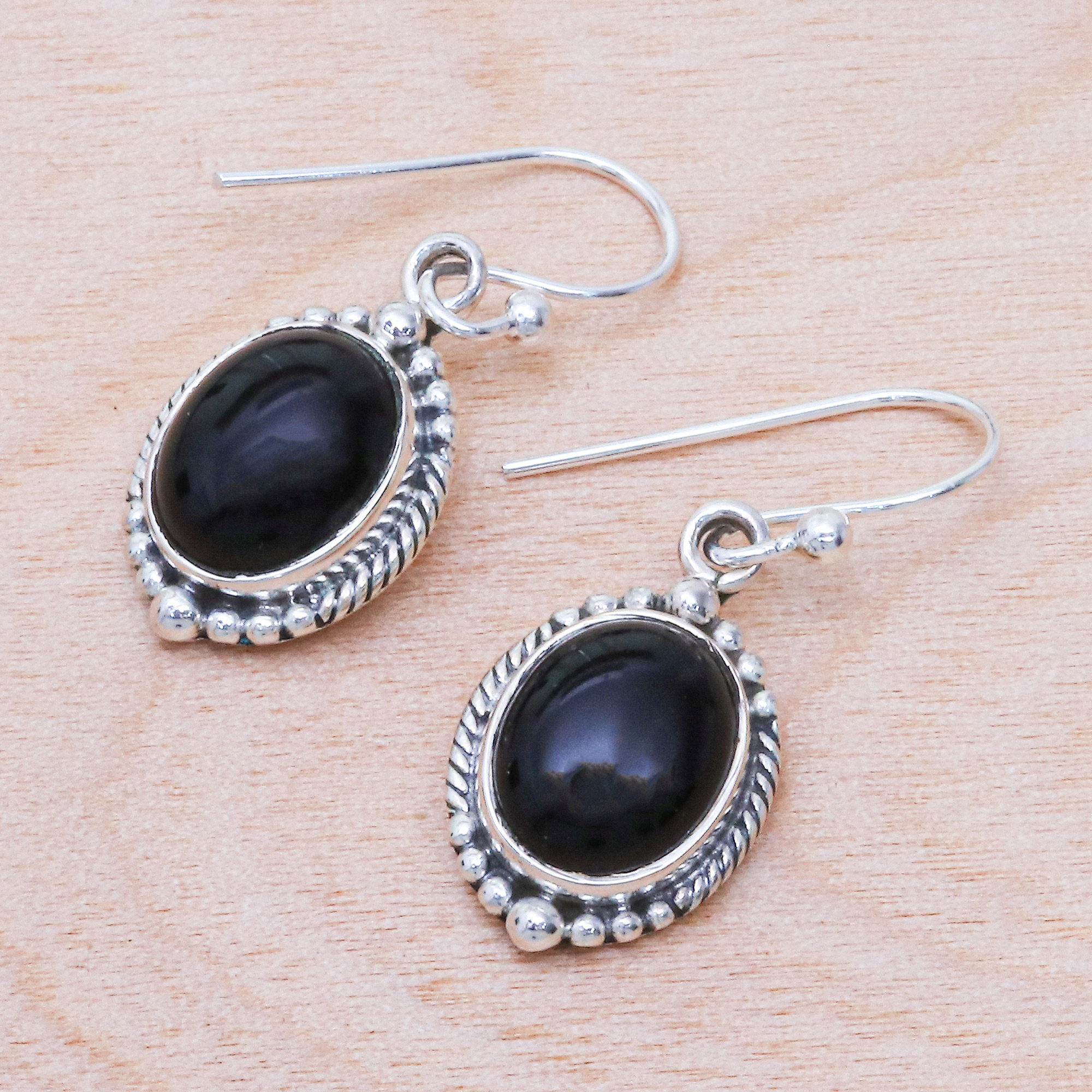 Black Onyx Cabochon Sterling Silver Dangle Earrings - Cool Moon | NOVICA