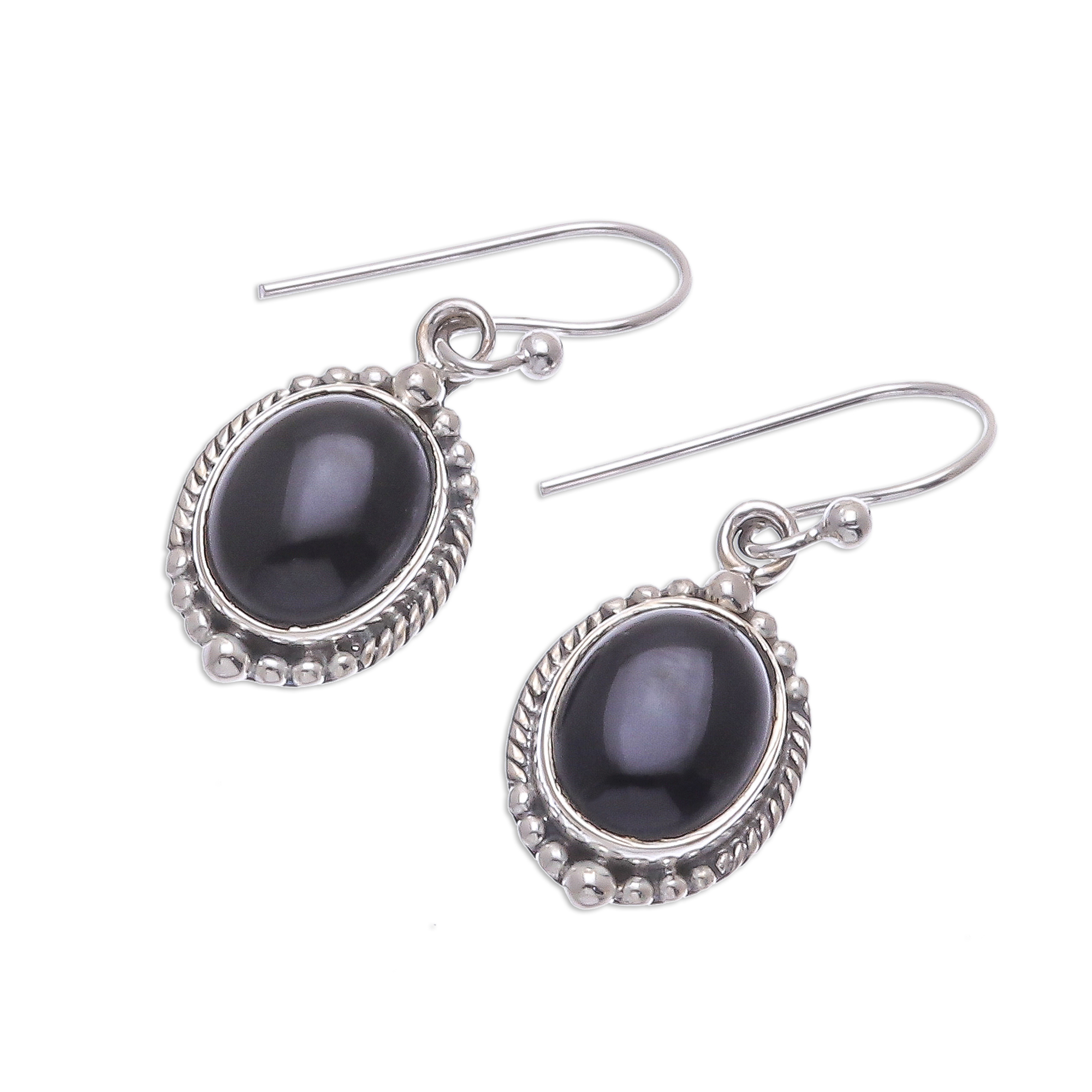 Black Onyx Cabochon Sterling Silver Dangle Earrings - Cool Moon | NOVICA